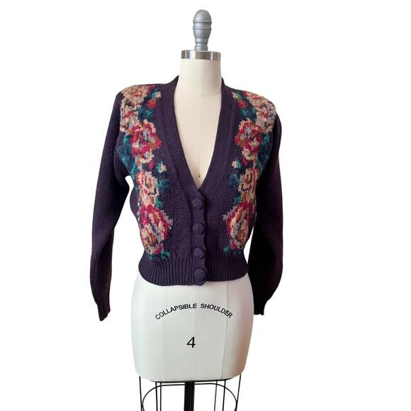 80s VTG JH Collectibles Wool Women's Cardigan Floral Knit Purple Sweater Size SP - Picture 1 of 6